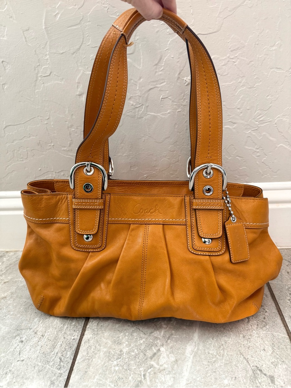 Vintage Coach Soho Pleated Leather Tote F13732 Saffron Yellow Tan Y2K